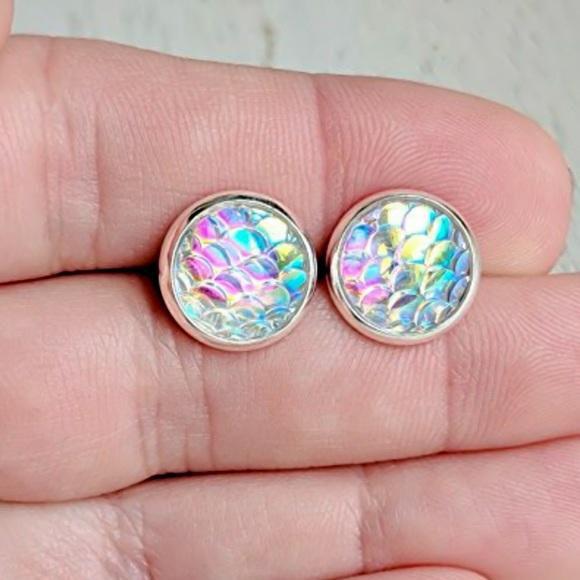Iridescent Mermaid Button Stud Earrings - Picture 7 of 8